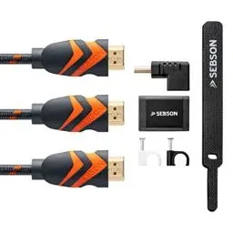 Produktbild: SEBSON 3X HDMI Kabel 2m 2.0b Highspeed mit Ethernet, 4K/60Hz UHD 2160p FHD 1080p 3D HDR ARC Audio Return - mit Winkelstecker, Kupplung, Kabelbinder, Kabel Clips