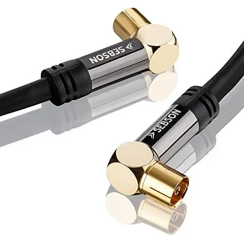 Produktbild: SEBSON TV Antennenkabel 10m gewinkelt 90° Grad, Koax Stecker/Koax Buchse, 105dB 4-Fach abgeschirmt, Koaxial Kabel für Kabelfernsehen (HDTV, UHD, 4K), Radio, Receiver
