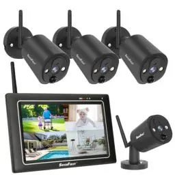 Produktbild: SecuFirst 2K Funk Überwachungskamera Aussen Set mit Monitor,4X Außen Kameras Videoüberwachung +7 Zoll Touchscreen NVR Bildschrim,mit PIR AI Bewegungsmelder,64 GB SD-Karte.