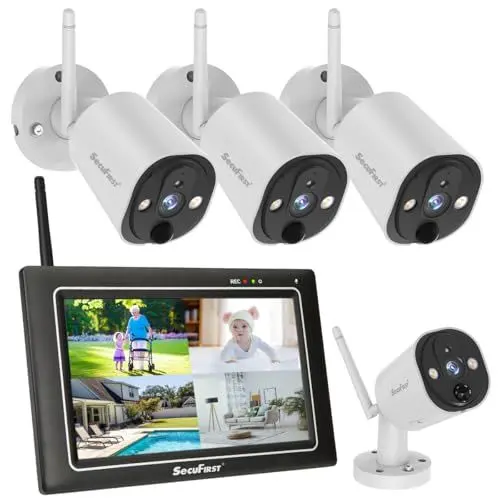 Produktbild: SecuFirst 2K Überwachungskamera Aussen Set mit Monitor,4X Kameras Überwachung ohne WLAN +7 Zoll Touchscreen Funk NVR Bildschrim,Gegensprech oder Wiedergabe von Aufnahmen über Monitor und APP.