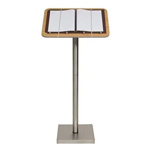 Produktbild: SECURIT - Informationsdisplay mit Standpfosten und Fuß - Edelstahl + Laminierte Holzplatte - Gummispanner und integrierte Halterungen - Für Restaurants, Cafés, Bars - 113,7 x 54,2 x 36,7 cm