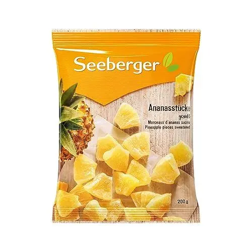 Produktbild: Seeberger Ananasstücke gesüßt 12er Pack: Bissfest, fleischig und fruchtig-süß von reifen goldgelben Ananas aus Südasien - zum Naschen, Snacken und Verfeinern - vegan (12 x 200 g)