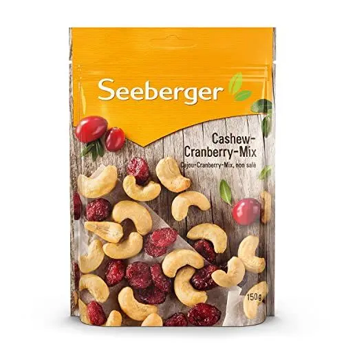 Produktbild: Seeberger Cashew-Cranberry-Mix 12er Pack, Knackige naturbelassene Cashewkerne mit Cranberries - süß-säuerliche Kombination - glutenfrei, vegan (12 x 150 g)