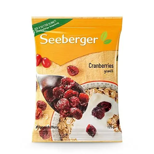 Produktbild: Seeberger Cranberries gesüßt 13er Pack: Halbierte, kanadische Cranberries fruchtig-süß - zum Snacken, als Backzutat und Verfeinern von Gerichten - getrocknet & ungeschwefelt, vegan (13 x 125 g)