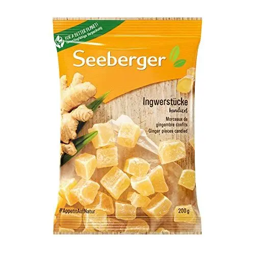 Produktbild: Seeberger Ingwerstücke kandiert 12er Pack: Scharfherbe Würfel der goldgelben Ingwerwurzel süß kandiert - zum Snacken, Dekorieren oder als Backzutat - vegan (12 x 200 g)