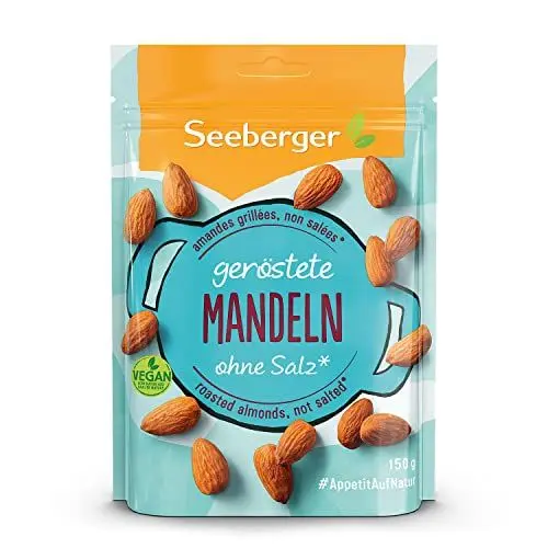Produktbild: Seeberger Mandeln geröstet 12er Pack: Große knackige Mandelkerne - mit hohem Vitamin Gehalt - knusprige Kerne mit angenehm-süßlichem Aroma ohne Salz, vegan (12 x 150 g)