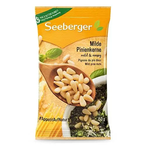 Produktbild: Seeberger Milde Pinienkerne: Handverlesene, zarte Pinienkerne - mild-nussiges Aroma & cremiger Geschmack - naturbelassen, vegan (1 x 50 g)