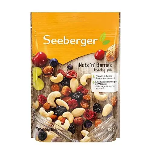 Produktbild: Seeberger Nuts´n Berries 12er Pack, Edle Mischung aus knackig-süßen Mandeln, Cashewkernen, Sultaninen, Cranberries, Kirschen, Blaubeeren & Haselnusskernen, vegan (12 x 150 g)