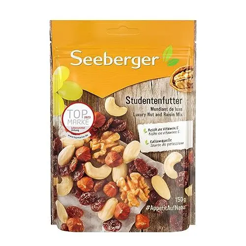 Produktbild: Seeberger Studentenfutter 5er Pack: Klassische Nuss-Frucht-Mischung aus Haselnusskernen, Mandeln, Walnüssen & Cashewkernen, mit Rosinen - reich an Vitamin E, vegan (5 x 150 g)