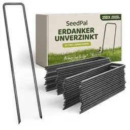 Produktbild: SeedPal Erdanker Bodenanker Unverzinkt - 250 Stück - Heringe Erdnägel stabil, Erdanker Unkrautvlies, Zaun & Zelt - 150mm*25mm*Ø2.7mm - Erdnägel/Bodenhaken aus Stahl - Bodenverankerung