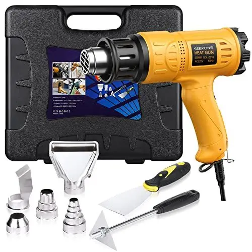 Produktbild: SEEKONE Heißluftpistole Kit mit Werkzeugkoffer, Heißluftgebläse mit Überlastschutz (2000W, 5 Düsen, 2 Schaber, Variable Temperaturbereich 50-600°C|190-500L/min) zum Schrumpfen, Entlacken