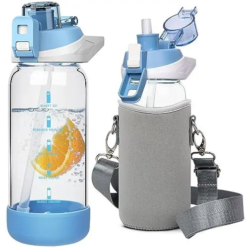Produktbild: Seekua 0.6l Sport Trinkflasche Glas Flasche mit Strohhalm & Zeitmarkierung für Kinder, Schule 600ml bpa frei Wasserflasche Motivation mit Schutzhülle für Smoothie, Früchte Kohlensäure geeignet