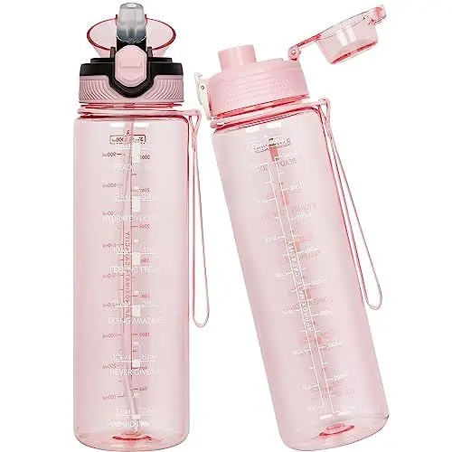Produktbild: Seekua Sport Tritan Trinkflasche 1l mit Strohhalm & Zeitmarkierung, Große Wasserflasche mit Uhrzeit, Kohlensäure Geeignet Sportflasche für Fahrrad, Fitness, Gym, 2 Deckel, 1 liter
