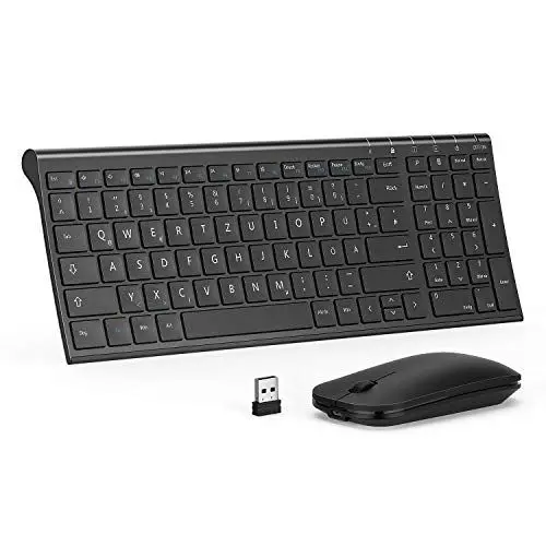 Produktbild: seenda Tastatur Maus Set Kabellos, Wiederaufladbare Aluminium Tastatur mit kompaktes Design, Ultradünne und Leise Funktastatur mit Maus für PC/Laptop/Smart TV, QWERTZ Layout, Schwarz