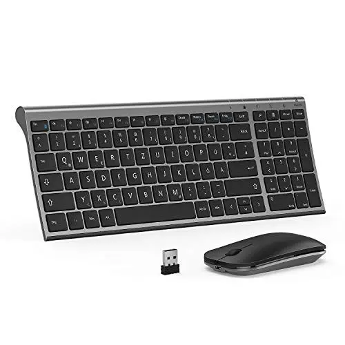 Produktbild: seenda Tastatur Maus Set Kabellos, Wiederaufladbare Kleine Funktastatur mit Maus, Leise Tastatur mit Aluminiumgehäuse für PC/Laptop/Smart TV, QWERTZ Layout, Grau