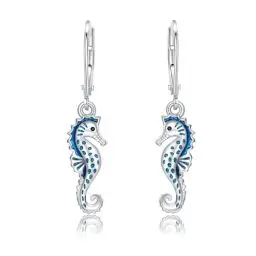 Produktbild: Seepferdchen Ohrringe 925 Sterling Silber Seepferdchen hänge ohrringe Niedliches Tier Ozean Blau Seepferdchen Schmuck für Frauen Kinder Mädchen, Sterling Silber