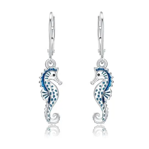 Produktbild: Seepferdchen Ohrringe 925 Sterling Silber Seepferdchen hänge ohrringe Niedliches Tier Ozean Blau Seepferdchen Schmuck für Frauen Kinder Mädchen, Sterling Silber