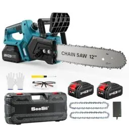 Produktbild: SEESII Akku Kettensäge 12 Zoll, 10000mAh Elektro Kettensäge, 1200W Bürstenloser Motor, Automatische Kettenschmierung, Werkzeuglose Kettenspannung, 30cm Schwertlänge, Ideal für Brennholz & Baum