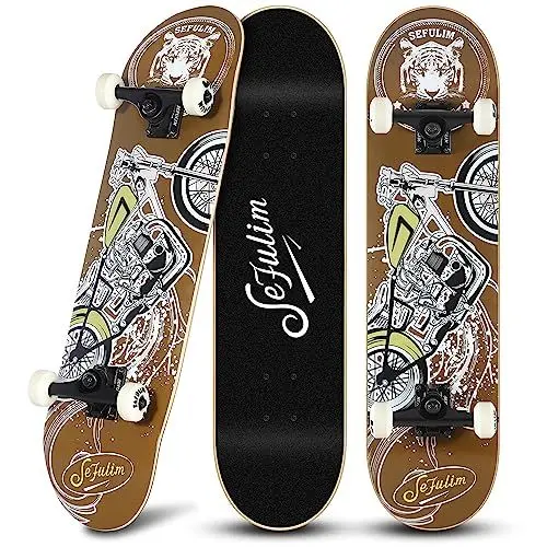 Produktbild: Sefulim Skateboard Mädchen Skateboard Erwachsene Skateboard Komplett Mit ABEC-7 Kugellager und 95A Rollenhärte Stabil PU-Rollen (Motorradmuster)