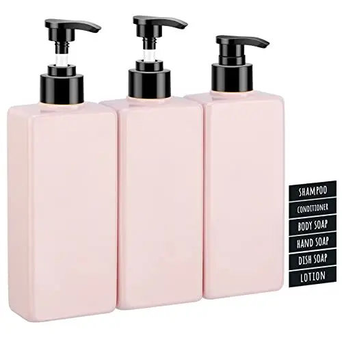 Produktbild: Segbeauty Lotion Dispenser Quadratisch, Seifenspender 3 Stück 400 ml für Shampoo Soap Flüssigseife, Nachfüllbar Leere Kunststoff Pumpflaschen mit Etiketten für Küche Bad- Rosa