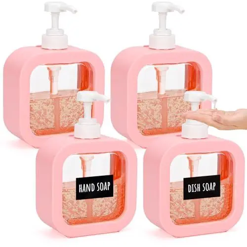 Produktbild: Segbeauty Pumpspender, 4 Stück 500ml Duschgel Spender, Spülmittelspender, Seifenspender Plastik, Pumpspender Shampoo, Duschgel Behälter, Spüli Spender Küche mit Etiketten, Seifenspender Set (Rosa)