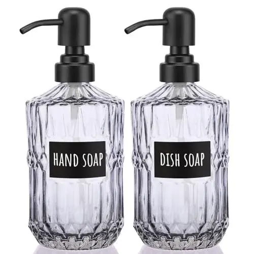 Produktbild: Segbeauty Seifenspender Bad, 2 Stück 450ml Seifenspender Glas, Duschgel Spender Nachfüllbarer, Pumpspender Leere mit Etiketten, Seifenspender für Küche, Badezimmer