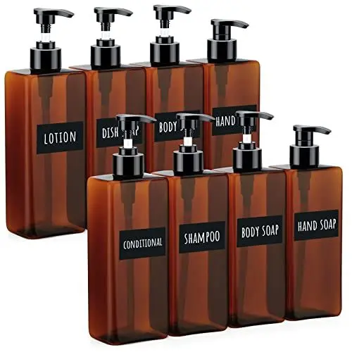 Produktbild: Segbeauty Seifenspender Bad 8er-Set, 500ml Pumpflaschen auf Kunststoff mit Wasserdichtes Etiketten, Nachfüllbar für Shampoo, Conditoner, Familienset mit großer Kapazität, Transluzentes Braun/Bernstein