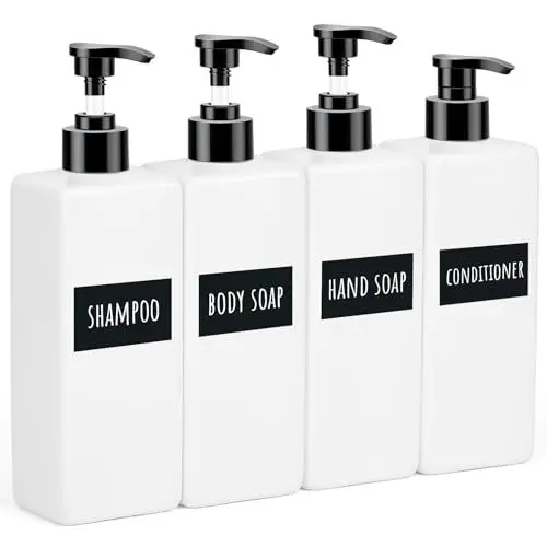 Produktbild: Segbeauty Seifenspender Weiß, 4 Stück 500ml Seifenspender Set, Seifenspender Kunststoff, Duschgel Spender, Pumpflasche Shampoo mit Wasserdichtes Etiketten, Duschgel Flasche zum Befüllen