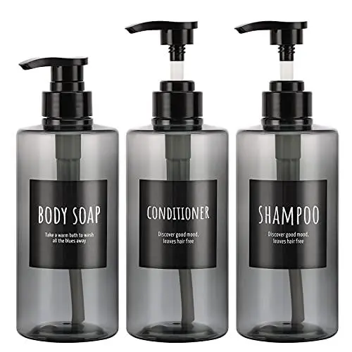 Produktbild: Segbeauty Seifenspender mit Etiketten, 3 Stück 500 ml Leere Pumpflasche, Reiseflaschen Set, Kunststoff nachfüllbare Shampoo Flaschen Lotion Duschgel Spender für Küche und Bad，Grau
