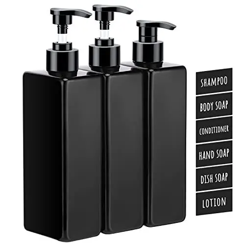 Produktbild: Segbeauty Shampoo Flaschen, 3 Stück 500 ml Leere Pumpflasche, Nachfüllbare Seifenspender Plastik, Shampoo Spülung Duschgel Spender mit Selbstklebend Wasserdichten Etiketten für Küche Bad, Schwarz