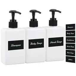 Produktbild: Segus Seifenspender Set mit Schwarzes Quadratisches Etikett, 3 Stück 280ml Kleine Leere Flüssigseifenpumpflasche für Bad Organizer, Nachfüllen mit Shampoo, Duschgel, Körpercreme, Massageöl, Weiß