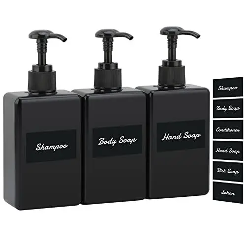 Produktbild: Segus Seifenspender mit Separater Etikettenaufkleber, 3 Stück Quadratische kleine Pumpflasche für Bad Organizer, Reiseportabilität Nachfüllen von Shampoo, Körpermilch, Reinigungsöl, 280ml, Schwarz