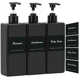 Produktbild: Segus Shampoo Flaschen zum Befüllen, 3 Stück 500ml Seifenspender mit Pumpenkopf, Separater Wasserdichter Aufkleber, zum Mehrfachen Befüllen von Shampoo, Conditioner, Händedesinfektionsmittel, Schwarz