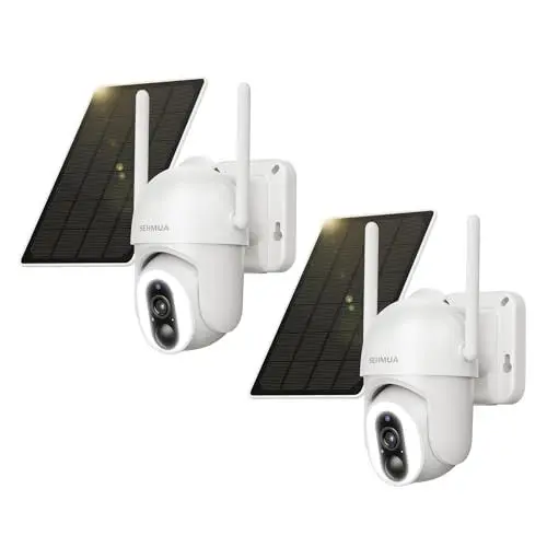 Produktbild: SEHMUA 2 Stück 2K Überwachungskamera Aussen Akku, 360° WLAN Aussenkamera mit Solar, 12 LEDs（500-Lumen） Outdoor Kamera Kabellos mit PIR-Erkennung, 2-Wege-Audio, Farbige Nachtsicht, IP66 Wasserdicht