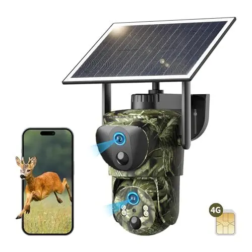 Produktbild: SEHMUA Dual Lens 4G LTE Wildkamera mit SIM-Karte und App, 2K Überwachungskamera Aussen Solar, 360° PTZ Überwachungskamera Aussen Akku, 4G Jagdkamera Wildtierkamera Handyübertragung, IP66