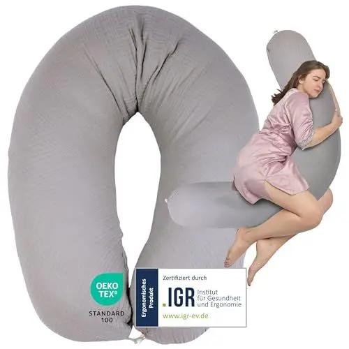 Produktbild: sei Design XXL Stillkissen 190x30 mit Musselin-Bezug ergonomisch, Schwangerschaftskissen Seitenschläferkissen Komfortkissen für Erwachsene, Stillkissenbezug aus 100% Bio-Baumwolle