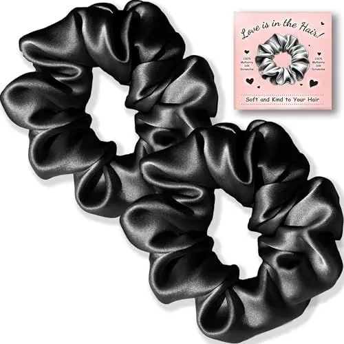 Produktbild: Seide Haargummi - Seiden Haargummis aus 100% Maulbeerseide, Silk Scrunchie, Silk Hair Ties aus Mulberry Silk, Haarband aus Seide zum Schlafen, Scrunchies für Haare ohne Haarbruch, 2er-Pack (Schwarz)