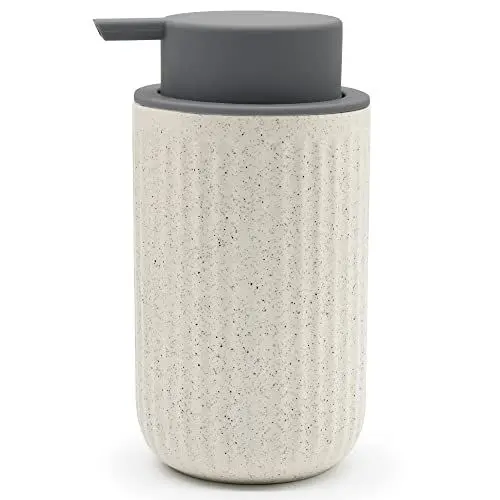 Produktbild: Seifenspender Beige, 400ml Nachfüllbarer Seifenspender Spülmittelspender aus Keramik für Flüssigseife, Handseife und Waschmittel, Soap Dispenser für Küche Bad und Büro (Beige Streifen)