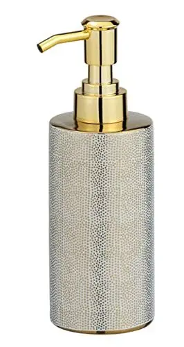 Produktbild: WENKO Seifenspender Nuria, nachfüllbarer Seifendosierer für Flüssigseife und Lotion aus hochwertiger Keramik mit luxuriös-strukturierter Oberfläche in Gold/Weiß, 7,5 x 18,7 x 6,5 cm, Füllmenge 300 ml