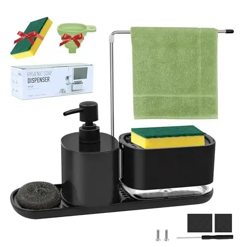 Produktbild: Spülbecken Organizer, Seifenspender Küche Set mit Spülschwamm, Spülmittelspender Waschmittel Wiederbefüllbar mit Trichter und Schwammhalter, Geeignet für Spülorganizer Küche(Schwarz)