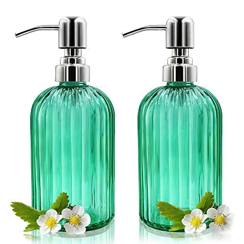 Produktbild: Seifenspender – 2 Stück, 400 ml, Glas-Seifenspender mit rostfreier Edelstahlpumpe, nachfüllbarer Flüssigkeitsflaschenspender, Premium-Handdosenspender für Badezimmer, Küche, Arbeitsplatte (grün)