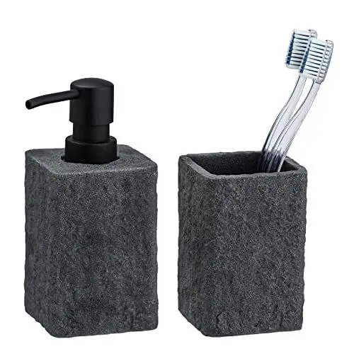 Produktbild: WENKO Bad Accessoire Set Villata, 2-teilig, nachfüllbarer Seifenspender, 7 x 15 x 7 cm, Füllmenge 300 ml, edler Zahnputzbecher, 7,5 x 11 x 7,5 cm, Naturstein-Optik aus hochwertigem Polyresin in Grau