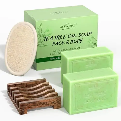 Produktbild: ‎Seifenstück mit Teebaumöl, natürliche organische Badeseifen, Duschgel gegen Hautpilz, Gesichtsreiniger und für Frauen und Männer, Teebaumseife gegen Körperjucken, Akne und Fußpilz, 2 x 150 g
