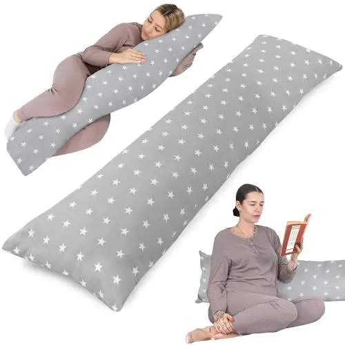 Produktbild: Totsy Baby Seitenschläferkissen mit Bezug Baumwolle 40 x 145 cm - Komfortkissen Schlafkissen Seitenschläfer Body Pillow Seitenschlafkissen Weiße Sterne auf Grau