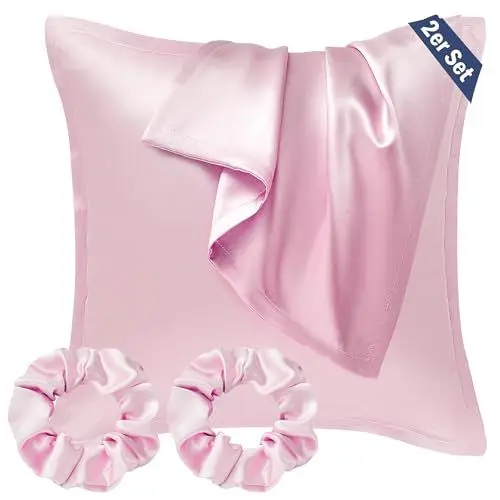 Produktbild: Seiwohl Satin Kissenbezug 40x40 2er Set, Weich wie Seidenkissenbezug Silk Pillowcase, Vegane Seide Kopfkissenbezug Kissenhülle Seidenkopfkissen für Haar und Haut mit 2 Haargummis, Rosa