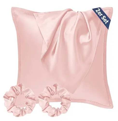 Produktbild: Seiwohl Satin Kissenbezug 40x40 2er Set, Weich wie Seidenkissenbezug Silk Pillowcase, Vegane Seide Kopfkissenbezug Kissenhülle Seidenkopfkissen für Haar und Haut mit 2 Haargummis, Korallen Rosa