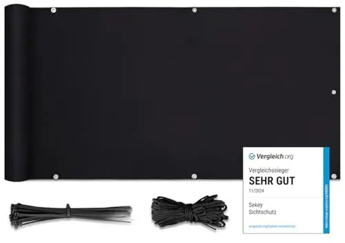 Produktbild: Sekey Balkon Sichtschutz PES Blickdichte Wetterfest Windschutz für den Gartenzaun oder Balkon, Schutz vor neugierigen Blicken, mit Ösen, Nylon Kabelbinder und Kordel, 0.9×6m Schwarz