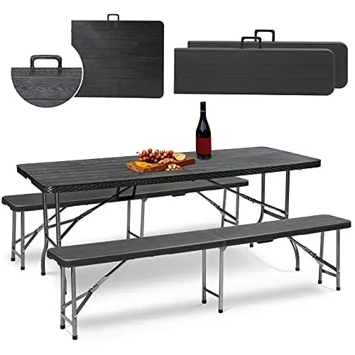 Produktbild: Sekey Bierzeltgarnitur Klappbar Campingtisch Set, 2 x Bierbänke & 1 x Biertisch, 180cm Biertischgarnitur 3-teilig Gartenmöbel Set Holzmaserung, Schwarz