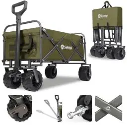 Produktbild: Sekey Bollerwagen Faltbar 200KG Schwerlast, Faltbarer Handwagen Extra Breite Reifen 17x10CM, Klappwagen Strand mit Bremsen, Klassisch 3017, Olivgrün