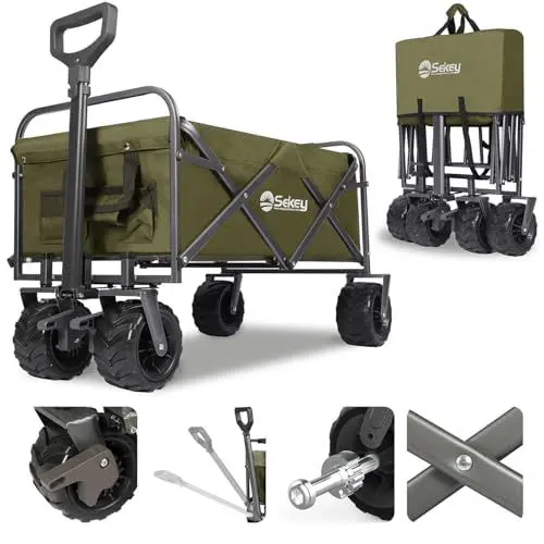 Produktbild: Sekey Bollerwagen Faltbar 200KG Schwerlast, Faltbarer Handwagen Extra Breite Reifen 17x10CM, Klappwagen Strand mit Bremsen, Klassisch 3017, Olivgrün